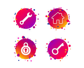 Home key icon. Wrench service tool symbol. Locker sign. Main page web navigation. Gradient circle buttons with icons. Random dots design. Vector