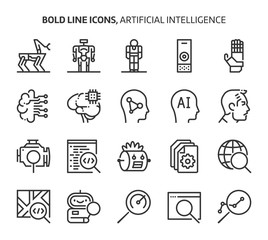 Fototapeta premium Artificial intelligence, bold line icons. The illustrations are a vector, editable stroke, 48x48 pixel perfect files. Crafted with precision and eye for quality.