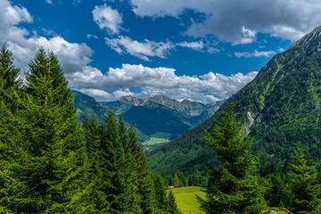 Fototapeta na wymiar Allgäuer Alpen, Blick über eine Bergwiese in ein Gebirstal