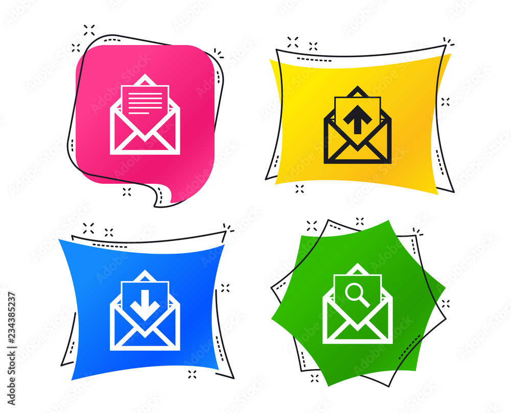 Poster mail envelope icons. find message document symbol. post office letter signs. inbox and outbox messag