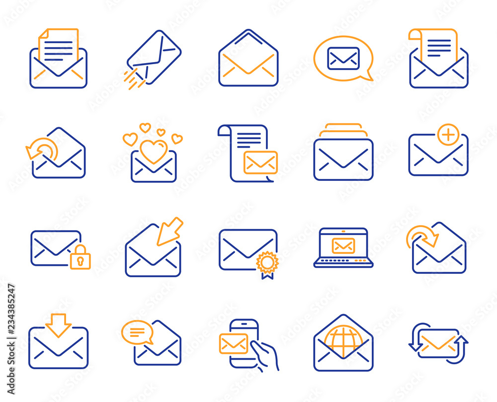 Poster mail message line icons. newsletter, email document, correspondence icons. received mail, secure mes