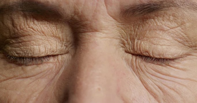 close up macro eyes opening old woman showing fear emotion looking afraid iris contracting 