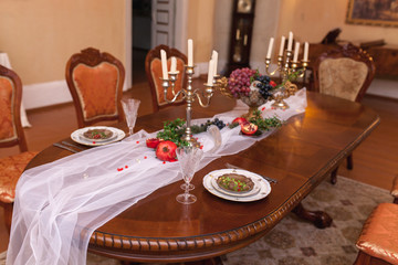 decorated table with red grenades