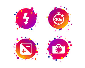 Photo camera icon. Flash light and exposure symbols. Stopwatch timer 10 seconds sign. Gradient circle buttons with icons. Random dots design. Vector