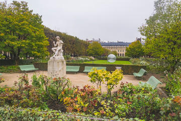 PARIS, FRANCE - 02 OCTOBER 2018:Palais-Royal (1639), originally called Palais-Cardinal, it was personal residence of Cardinal Richelieu in Paris, France on July 13,2012. Sculptures