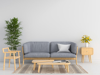 Gray sofa in white living room, 3D rendering