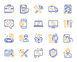 Repair car service line icons. Set of Hammer, Screwdriver and Spanner tool icons. Recovery, Washing machine repair, Car service. Engineer tool, Tech support. Spanner equipment, screwdriver. Vector