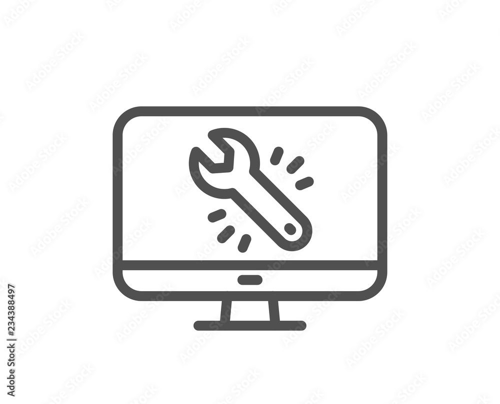 Poster spanner tool line icon. monitor or computer repair service sign. fix instruments symbol. quality des