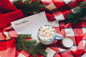 December Calendar with blank space. Christmas holiday mood concept. Cocoa mug with marshmellow and Christmas decoration on the red plaid background. Planning. Flat lay. Top view