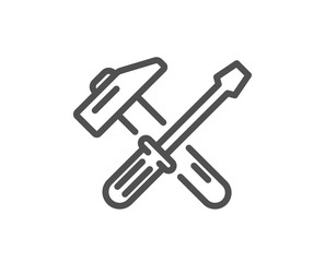 Hammer and screwdriver line icon. Repair service sign. Fix instruments symbol. Quality design flat app element. Editable stroke Hammer tool icon. Vector