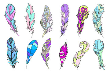 Feathers on isolated white. Design Zentangle. Hand drawn colored feathers with abstract patterns on isolation background. Design for spiritual relaxation for adults