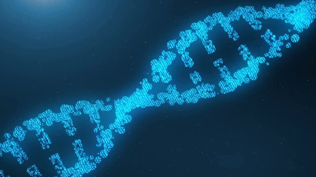 Rotated 3D rendered Artifical Intelegence DNA Molecule. DNA is converted into a binary code. Concept binary code genome. Abstract technology science, concept artifical Dna