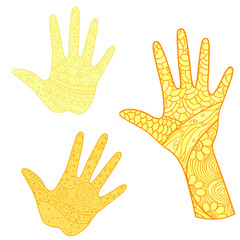 Hands with abstract colored patterns on isolation background. Design for spiritual relaxation for adults. Zen art. Doodles for banners, posters, t-shirts and textiles