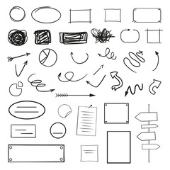 Abstract arrows. Grunge geometric signs on white. Hand drawn tangled symbols. Chaotic shapes for design. Line art. Circles, ovals and rectangle frames. Black and white illustration