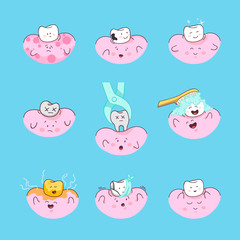 Happy teeth with gums set. Cute tooth characters. Dental personage vector illustration. Oral hygiene, teeth cleaning. 
