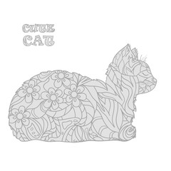 Cat on white. Hand drawn animal with tiled patterns on isolation background. Design for spiritual relaxation for adults. Doodle for banners, posters, t-shirts and textiles