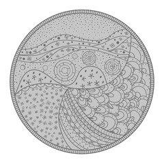 Circle intricate pattern. Hand drawn mandala on isolated background. Design for spiritual relaxation for adults. Doodle for work. Black and white illustration