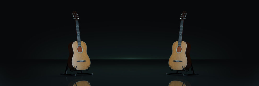 Acoustic guitar in dark background. 3d rendering