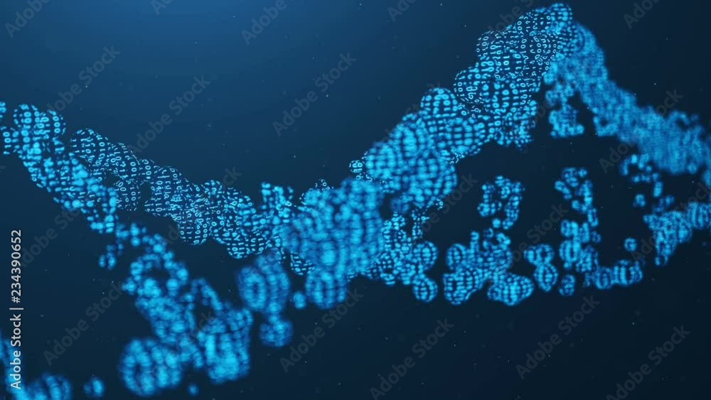 Poster rotated 3d rendered artifical intelegence dna molecule. dna is converted into a binary code. concept