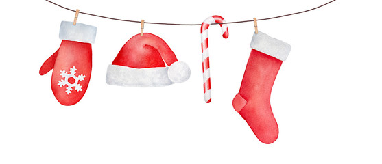 Greeting Christmas garland and seasonal home decoration with hanging winter mitten, warm Santa Claus hat, striped candy cane, fluffy sock and wooden peg clips. Hand painted watercolour art on white.  © Julija