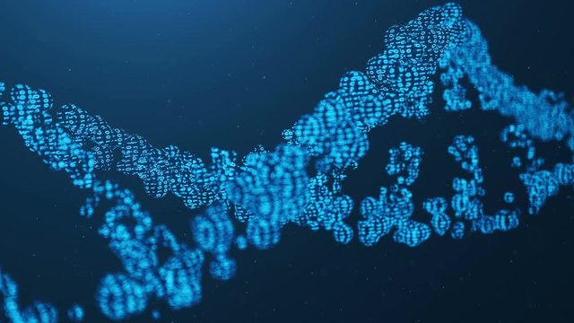 Rotated 3D rendered Artifical Intelegence DNA Molecule. DNA is converted into a binary code. Concept binary code genome. Abstract technology science, concept artifical Dna