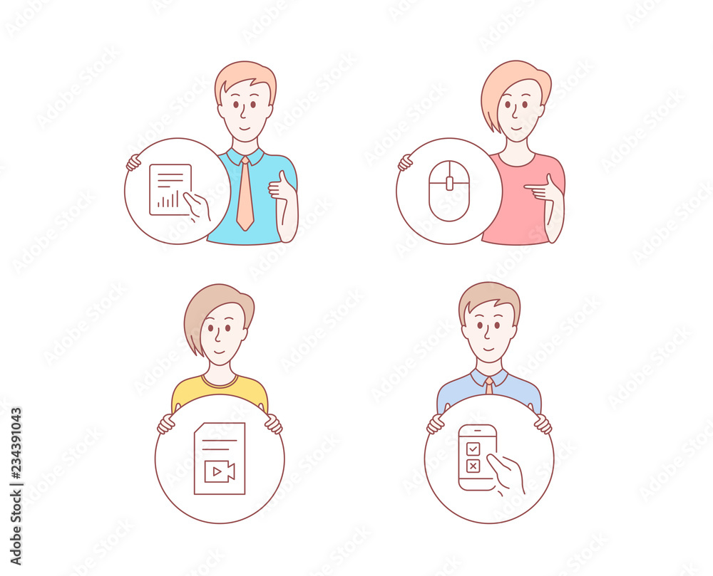 Poster people hand drawn style. set of computer mouse, video file and document icons. mobile survey sign. p
