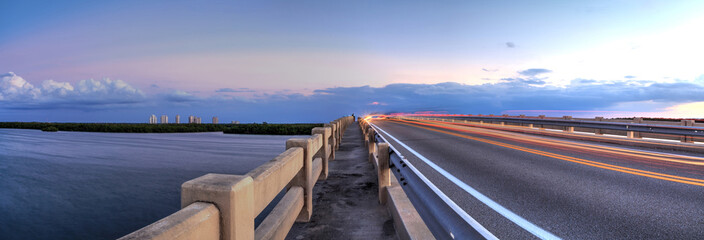 Light trails along Bridge along Estero Boulevard, crossing over New Pass from Estero Bay