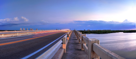 Light trails along Bridge along Estero Boulevard, crossing over New Pass from Estero Bay
