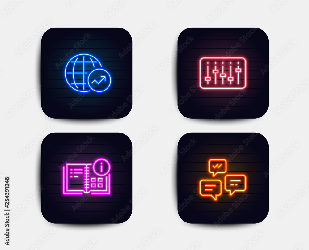Poster neon set of world statistics, dj controller and instruction info icons. chat messages sign. global r