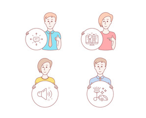 People hand drawn style. Set of Loud sound, Creative design and Sms icons. Vacuum cleaner sign. Music, Designer, Conversation. Vacuum-clean.  Character hold circle button. Man with like hand. Vector