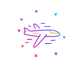 Airplane line icon. Plane flight transport sign. Aircraft symbol. Gradient line button. Airplane icon design. Colorful geometric shapes. Vector