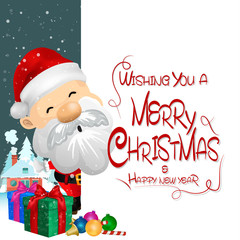 Santa Claus with big signboard. Merry Christmas calligraphy lettering design. Creative typography for holiday greeting.