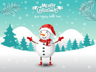 Merry Christmas. Funny Snowman in Christmas snow scene winter landscape. decorative element on holiday. Vector illustration.