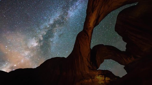 Milky Way time lapse at Double Arch, Arches National Park, Utah