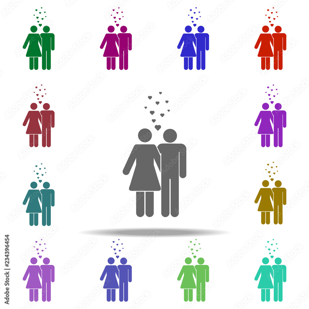 Poster hugging couple and hearts icon. elements of people in love in multi color style icons. simple icon f