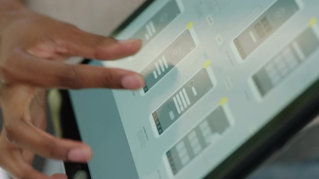 business people meeting team leader woman using tablet computer presenting mobile application design brainstorming sharing creative ideas for communication app in office presentation close up hands