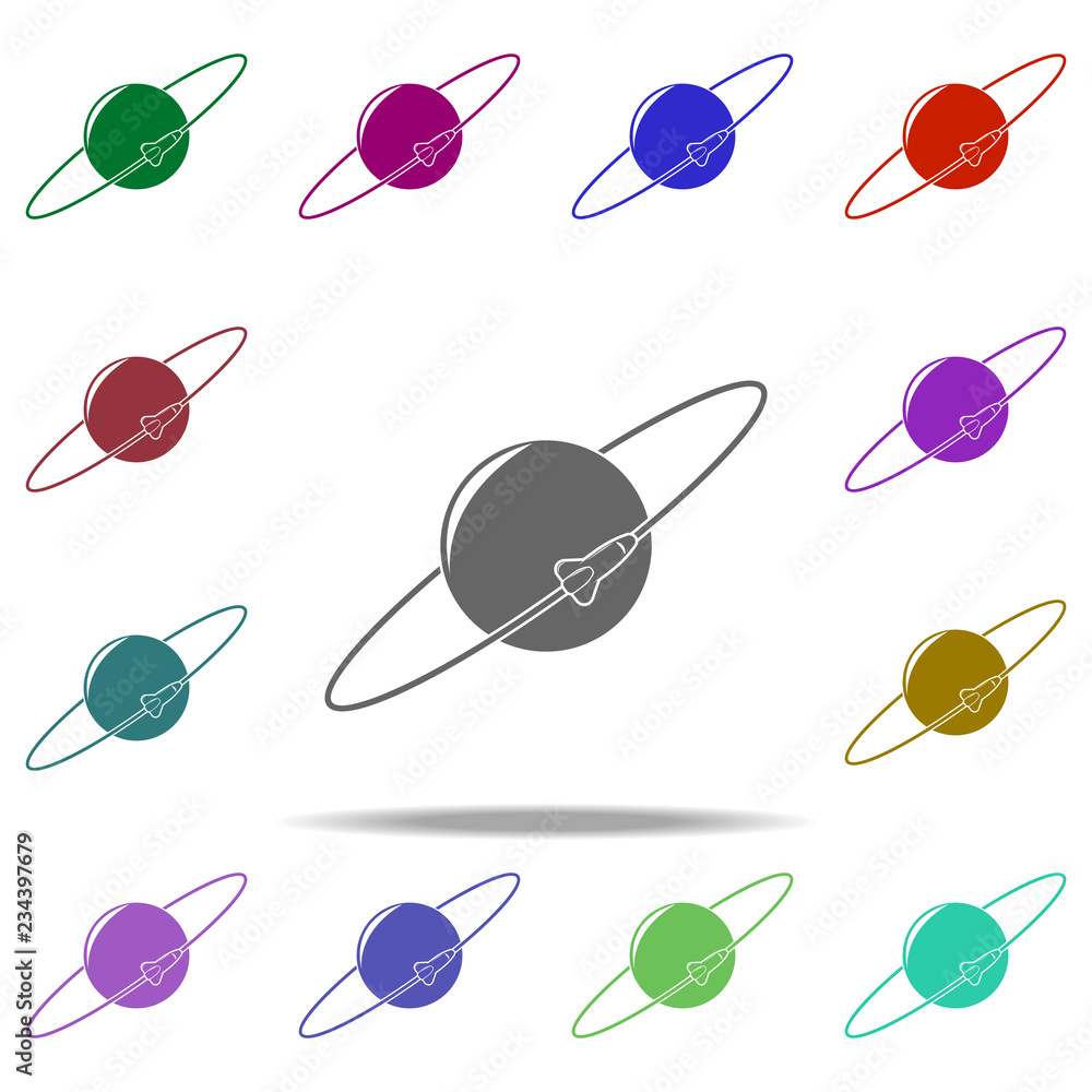 Poster rocket into the circle of the earth icon. elements of space in multi color style icons. simple icon 