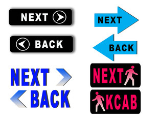 Various signs/icons NEXT & BACK isolated on white.