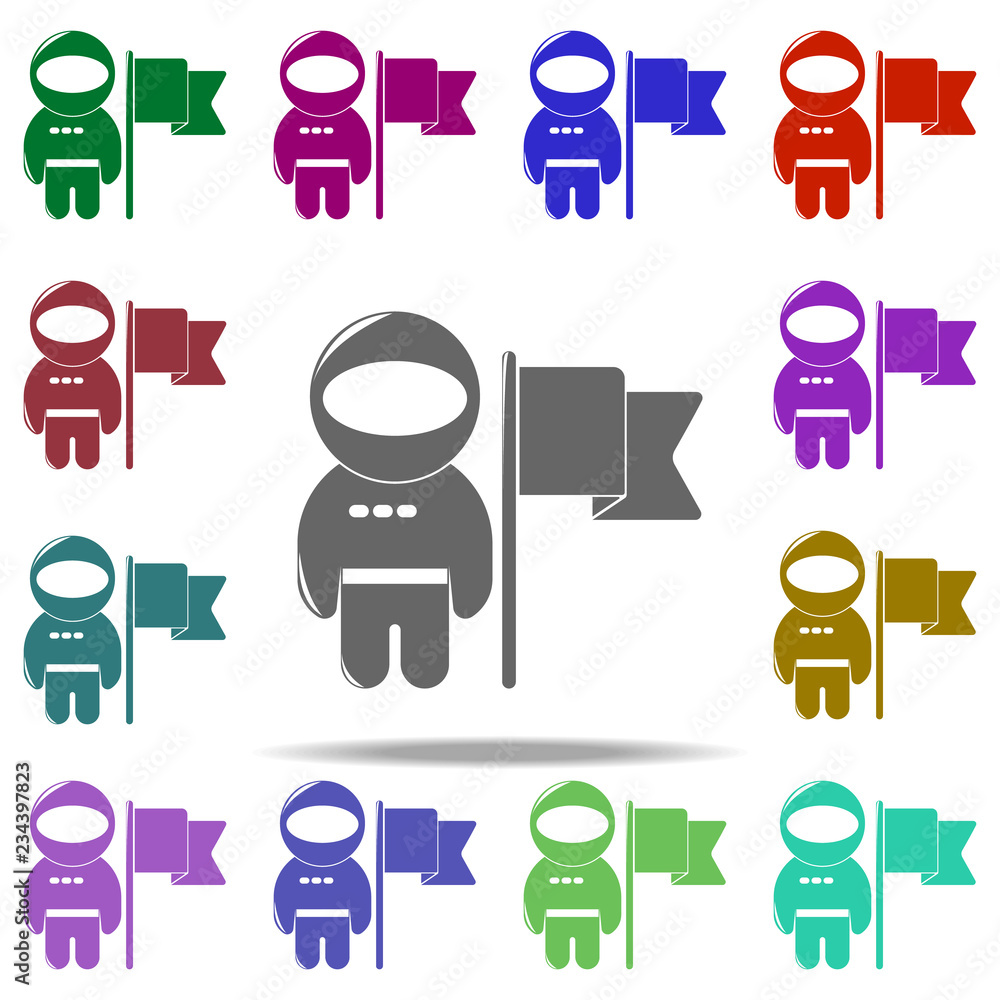Poster astronaut and flag icon. elements of space in multi color style icons. simple icon for websites, web