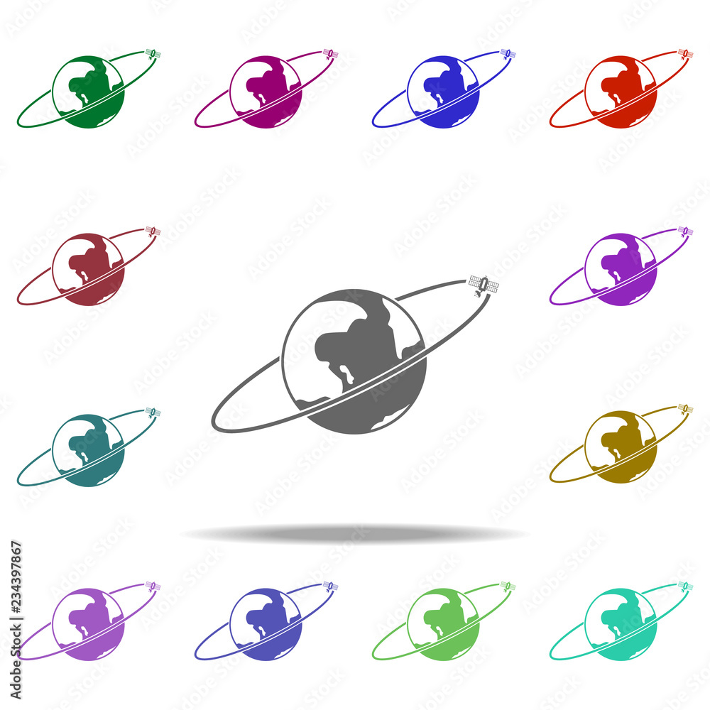 Poster artificial satellite and earth icon. elements of space in multi color style icons. simple icon for w