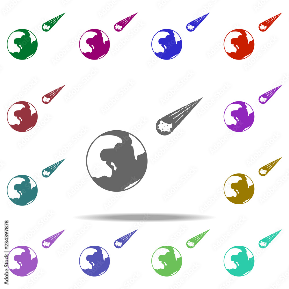 Poster meteorite heading to earth icon. elements of space in multi color style icons. simple icon for websi