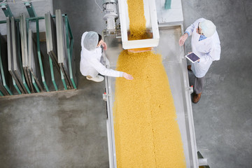 Top view background of two factory workers standing by conveyor belt during quality inspection at...