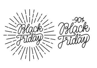 Black Friday line lettering handwritten text. with vintage rays. Vector illustration isolated on white background. Holiday sale.