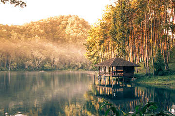 Beautiful morning at Huai Pang tong Reservoir and pine forests at Pang Oung,Pang Tong Royal Development Project,Ban Ruam Thai,Mae Hong Son,Northern Thailand