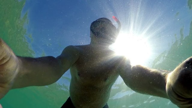 Selfie of man swimming on water surface. gopro dome shot
