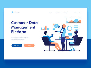 People work in a team and interact with graphs. Business, workflow management and office situations. Landing page template. Flat vector illustration.