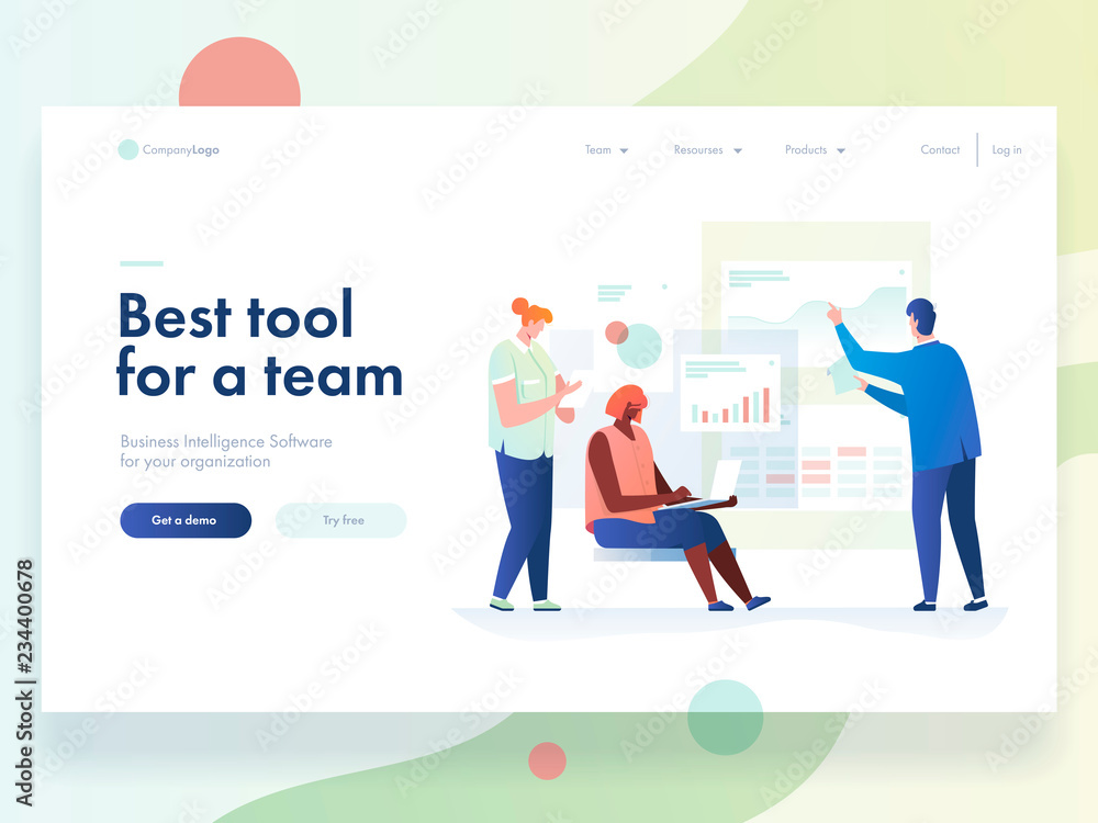 Poster people work in a team and interact with graphs. business, workflow management and office situations.