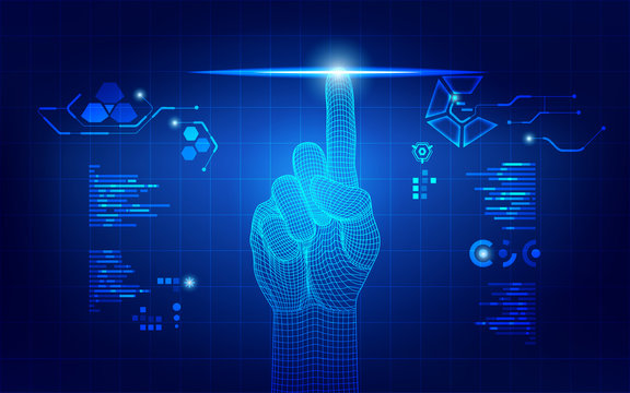 wireframe hand touching digital interface, concept of communication world 