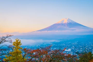 Afwasbaar Fotobehang Fuji Prachtig landschap van bergfuji rond esdoornbladboom in het herfstseizoen