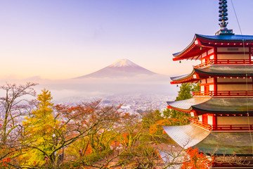 Fototapeta premium Beautiful landscape of mountain fuji with chureito pagoda around maple leaf tree in autumn season